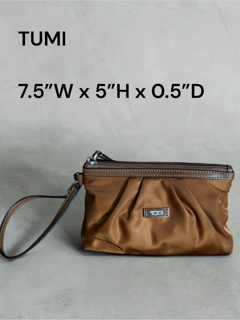 TUMI Nylon Wristlet Pouch Cosmetic Bag Travel Organizer Brown Leather Trim